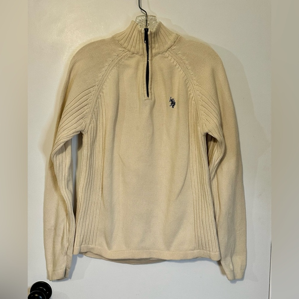 US Polo Assn Cotton Sweater Quarter Zip‎ Pullover Cream Ivory Knit Ribbed Mens M